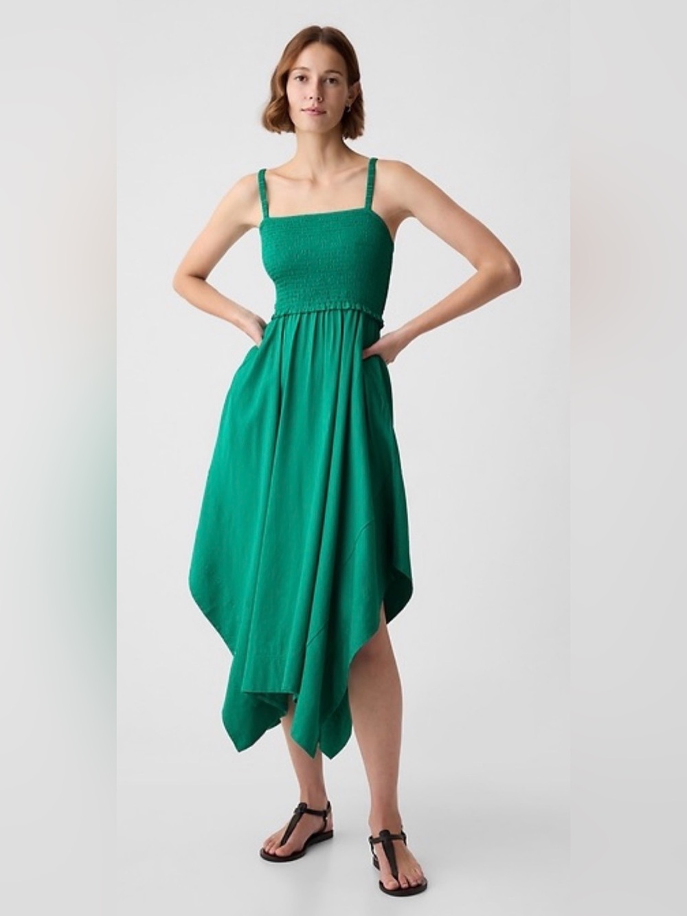 Gap Smocked Handkerchief Hem Kelly Green Midi Dress NWT M Summer Festival Cruise